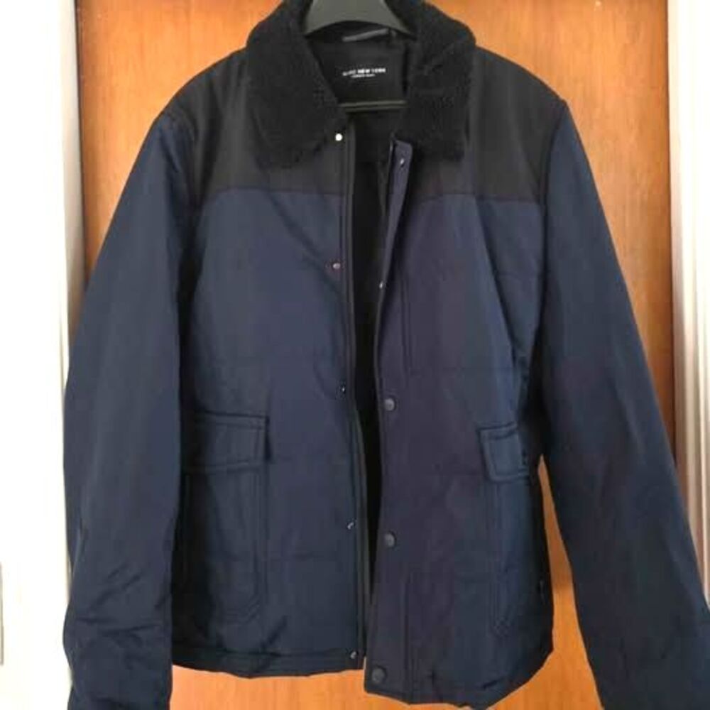Men's Andrew Marc jacket blue sherpa collar large new color block